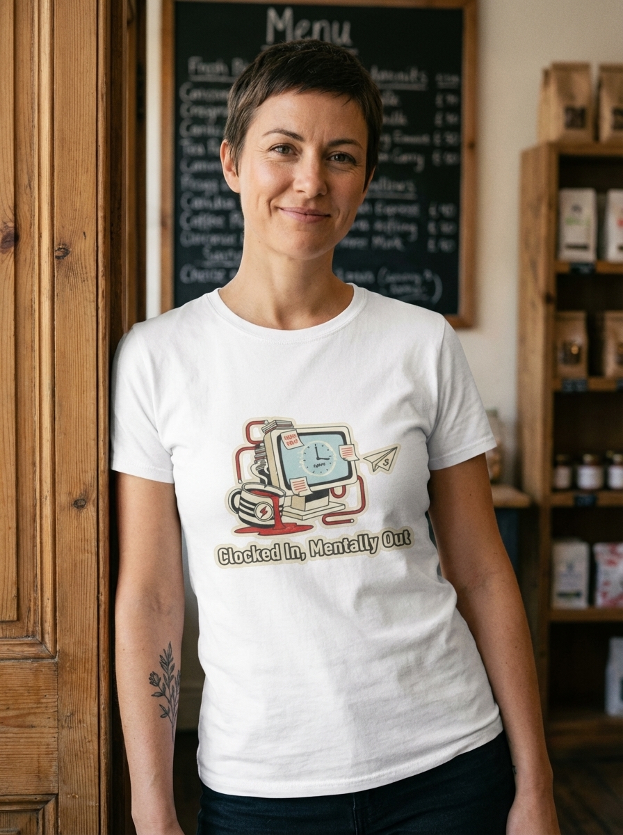 "Clocked In, Mentally Out" - Sarcastic Office Humor / Work Theme Unisex Softstyle T-Shirt