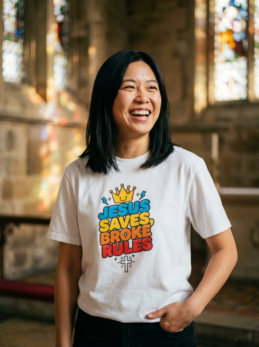 Jesus Saves Broke Rules | Christian Faith Edge | Gift for Bold Believers | Graphic Tee