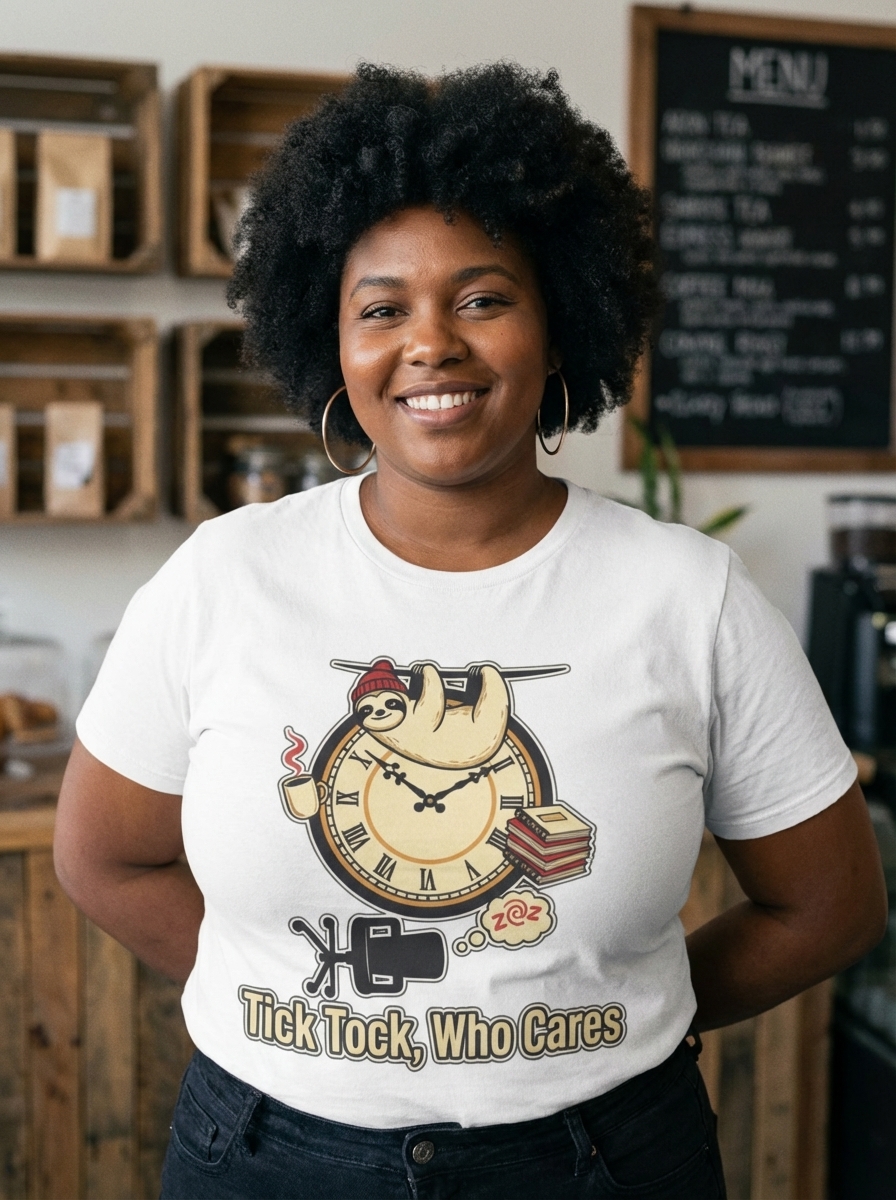 "Tick Tock, Who Cares" - Sloth on the Clock Office Humor T-Shirt